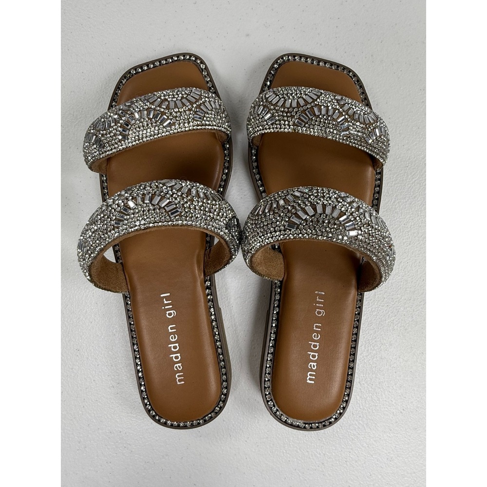 Madden Girl Partly Slide Sandals Women 5.5 Rhinestone Silver Sparkly Bling Glam